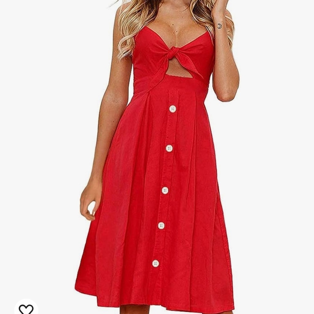 FANCYINN Tie Front Summer Midi V Neck Button Down Spaghetti Strap Dress